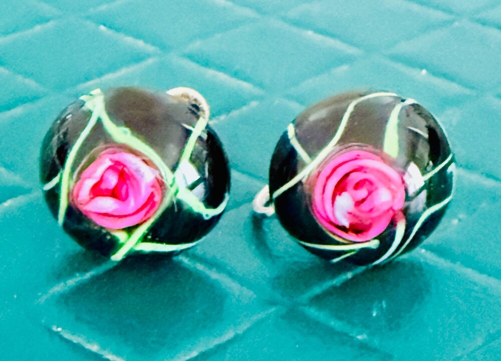 Murano Glass Lampwork Earrings Black Pink Rose Screw Back Vintage Italian